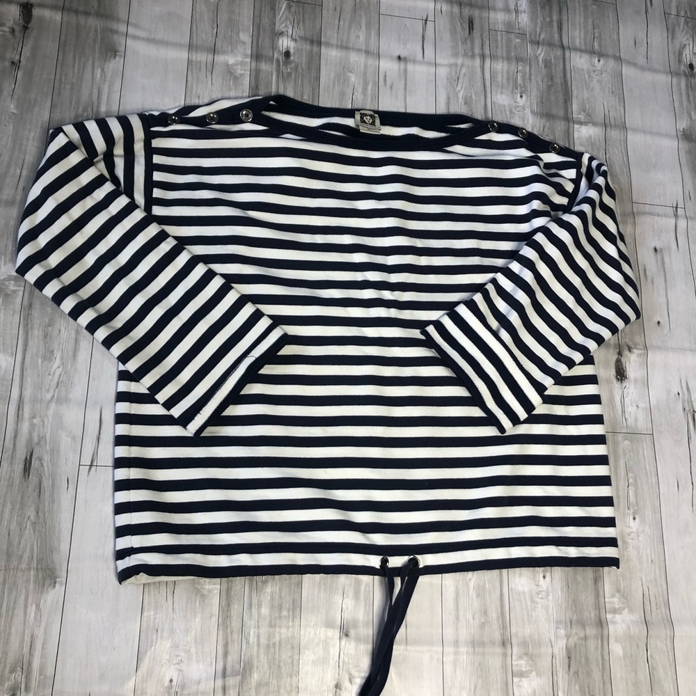 Anne Klein Shirt Womens XL Striped Boat Neck Blue White Terry Cloth Cotton